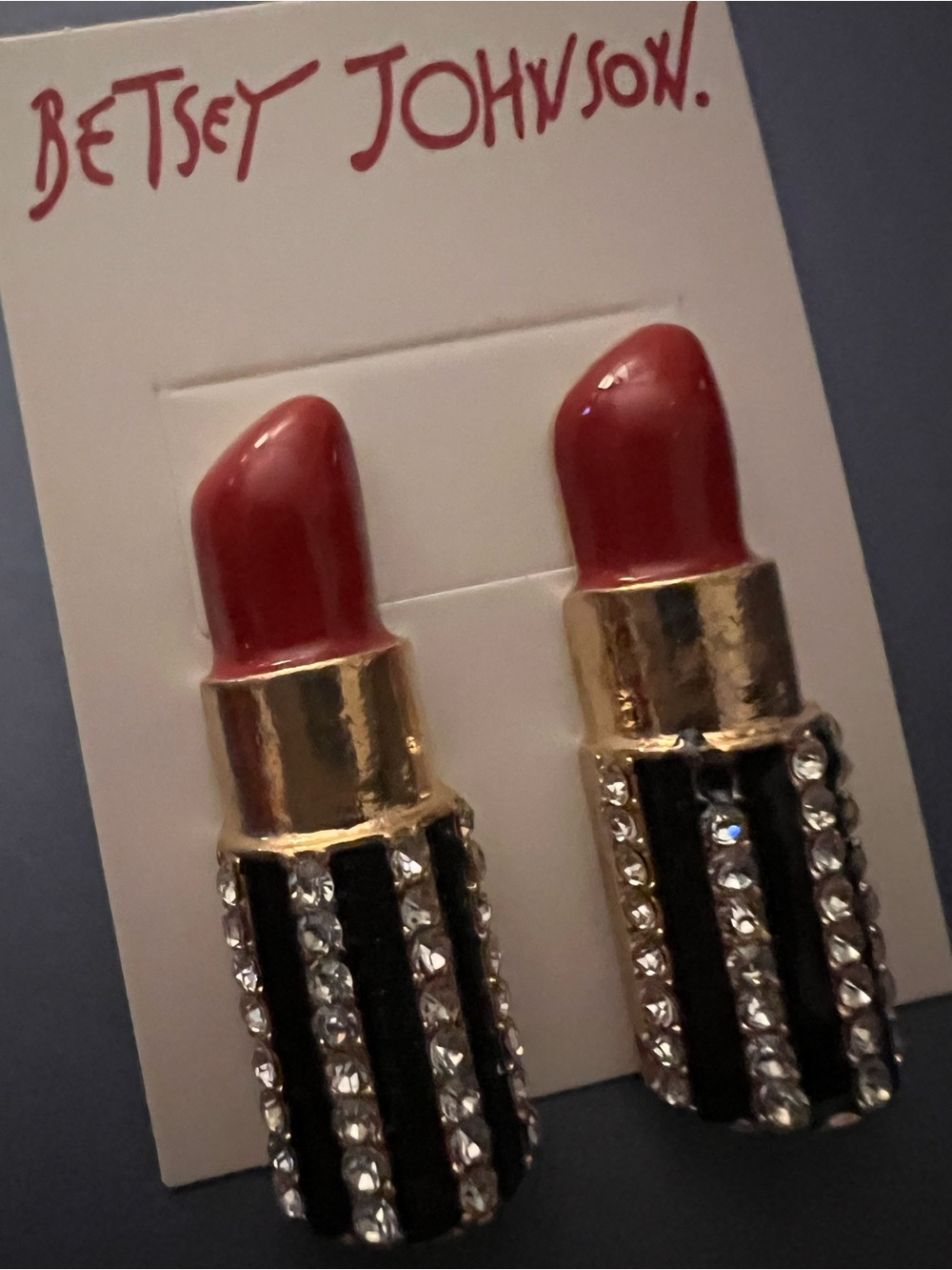💄Betsey Johnson Red Lipstick Stud Earrings with Rhinestones & Striped Case 💄